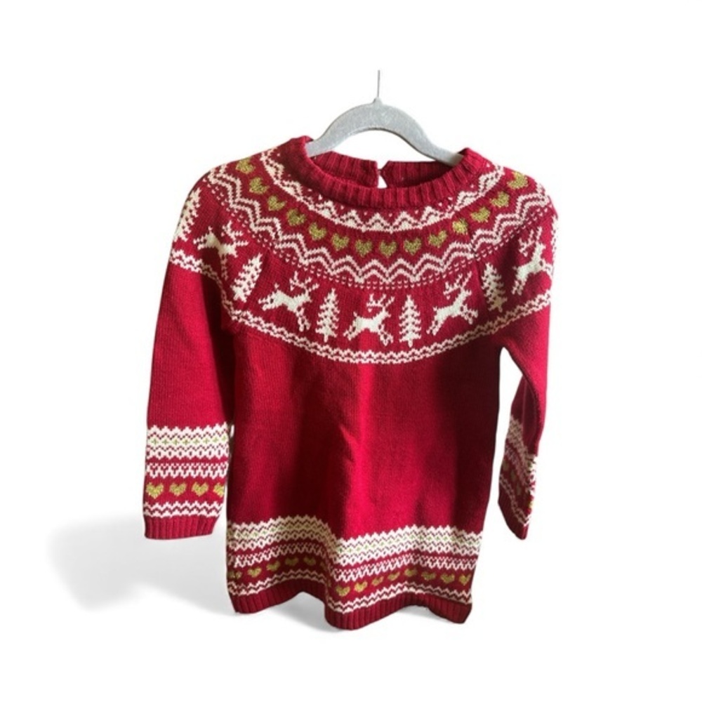 Cynthia Rowley Girls 4T Red Sweater Dress with Festive Reindeer Heart Pattern